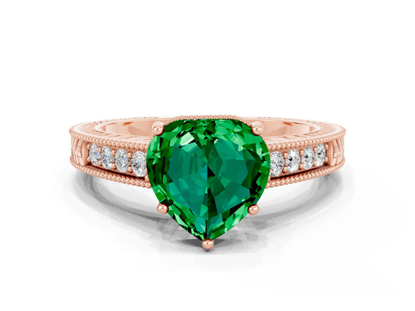 Rose gold Heart Cut Emerald Engagement Ring with Milgrain Channel Set Band and Prong Setting