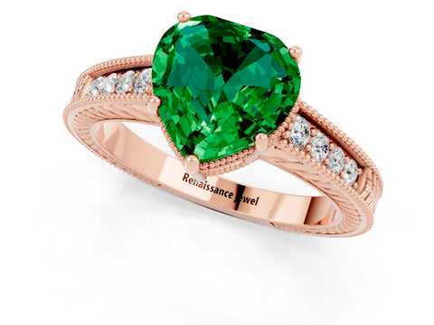 Rose gold Heart Cut Emerald Engagement Ring with Milgrain Channel Set Band and Prong Setting_1
