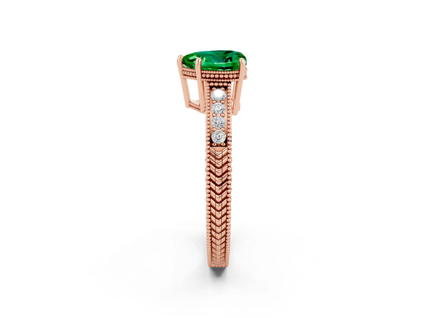 Rose gold Heart Cut Emerald Engagement Ring with Milgrain Channel Set Band and Prong Setting