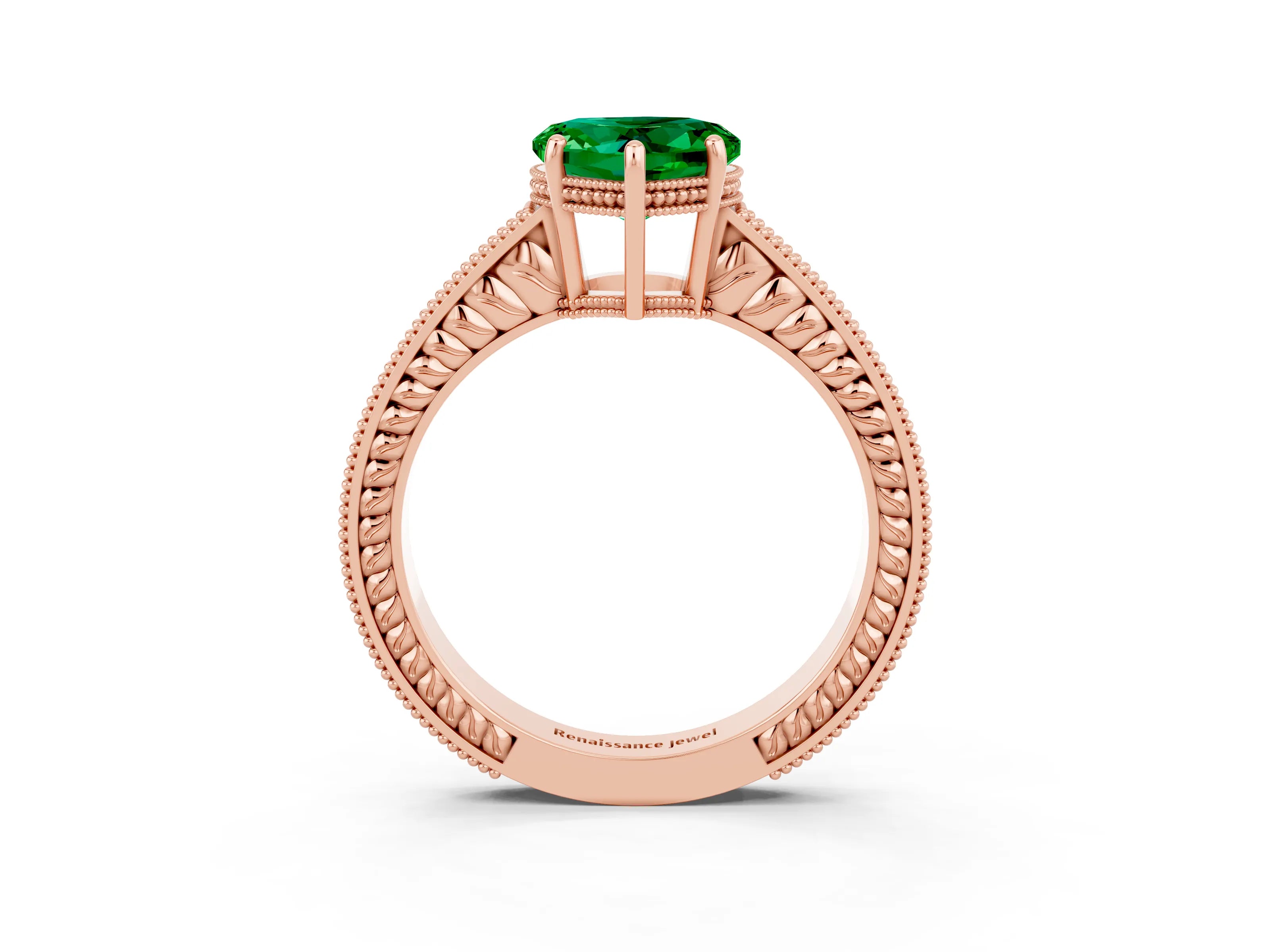 Rose gold Heart Cut Emerald Engagement Ring with Milgrain Channel Set Band and Prong Setting_3