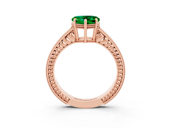 Rose gold Heart Cut Emerald Engagement Ring with Milgrain Channel Set Band and Prong Setting