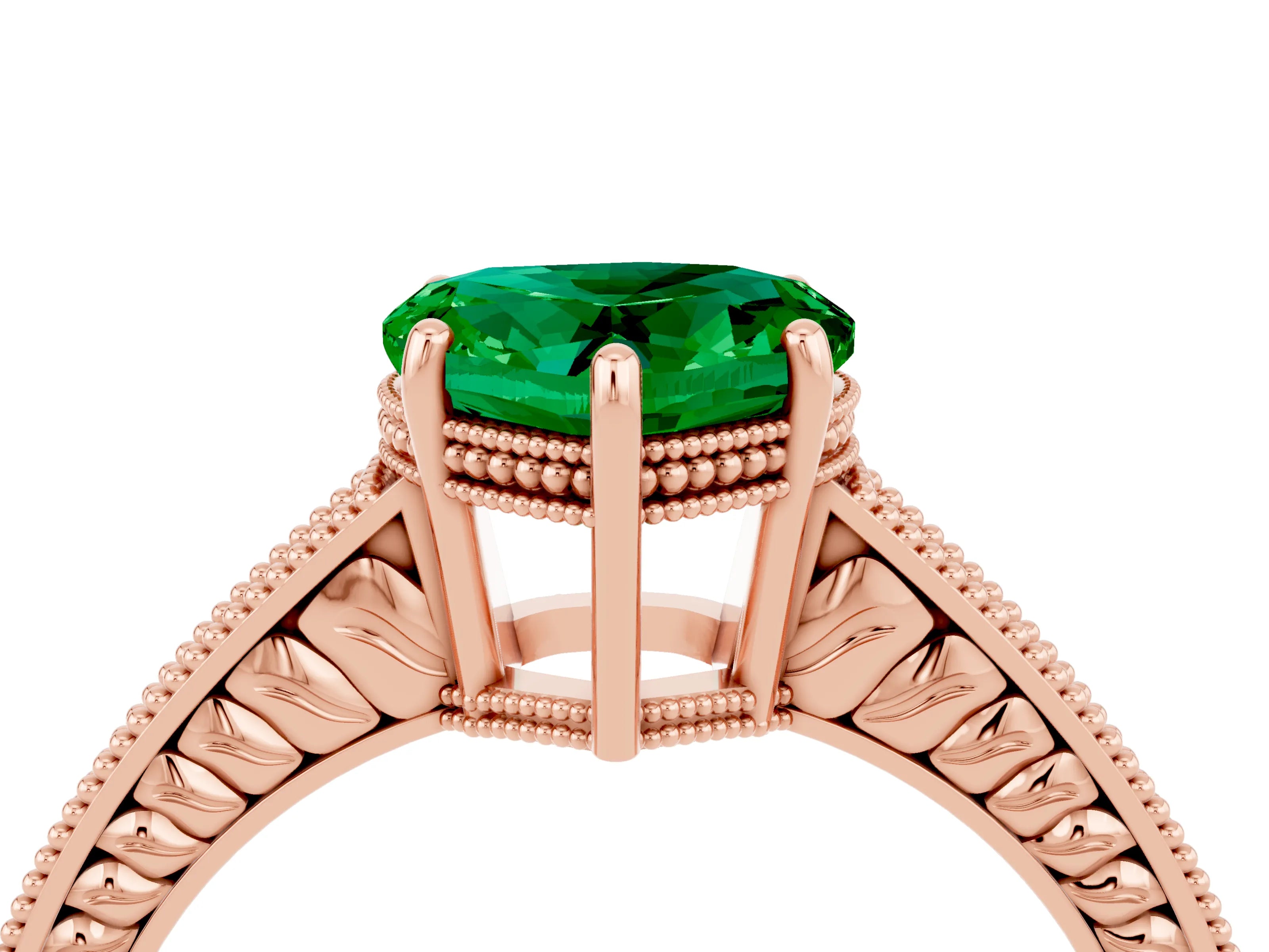 Rose gold Heart Cut Emerald Engagement Ring with Milgrain Channel Set Band and Prong Setting_4