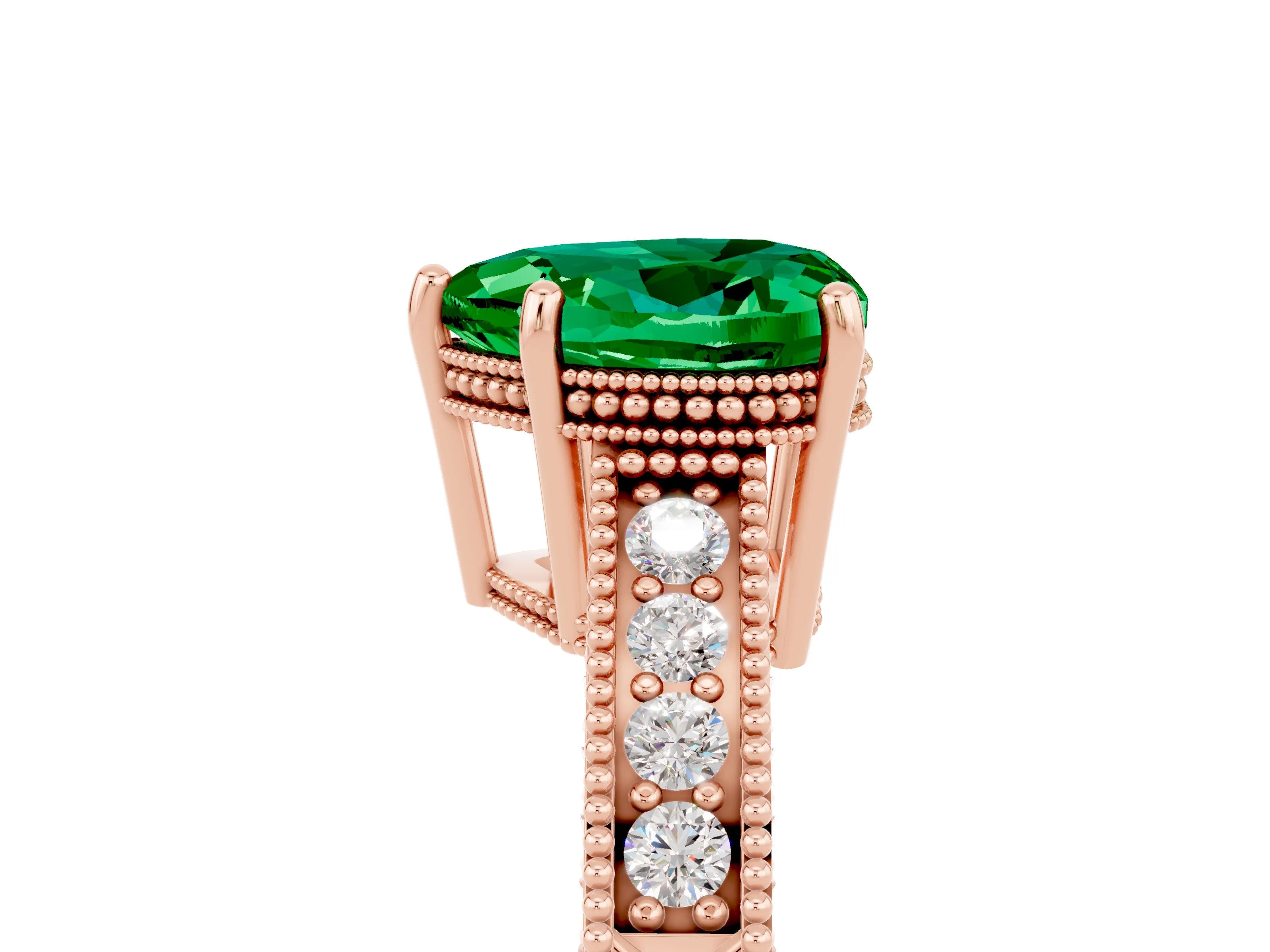 Rose gold Heart Cut Emerald Engagement Ring with Milgrain Channel Set Band and Prong Setting_5