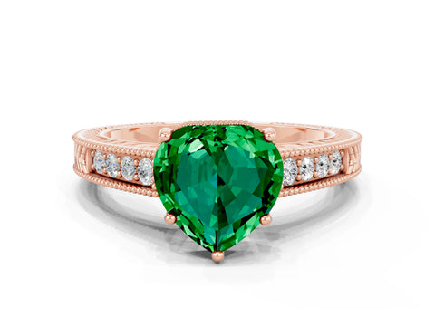 Rose gold Heart Cut Emerald Engagement Ring with Milgrain Channel Set Band and Prong Setting