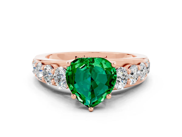Rose gold Heart Cut Emerald Engagement Ring with Pavé Band and Four-Prong Setting
