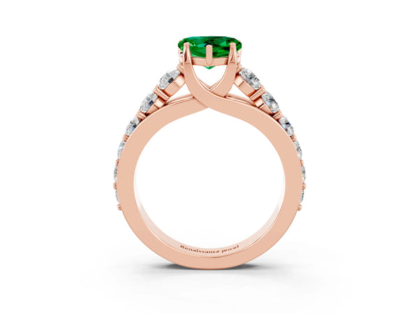 Rose gold Heart Cut Emerald Engagement Ring with Pavé Band and Four-Prong Setting