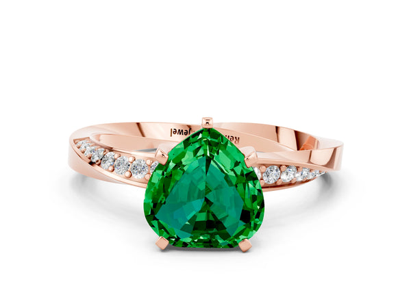 Rose gold Heart Cut Emerald Engagement Ring with Side Stone Accents and Four-Prong Setting
