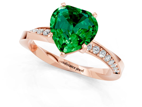 Rose gold Heart Cut Emerald Engagement Ring with Side Stone Accents and Four-Prong Setting