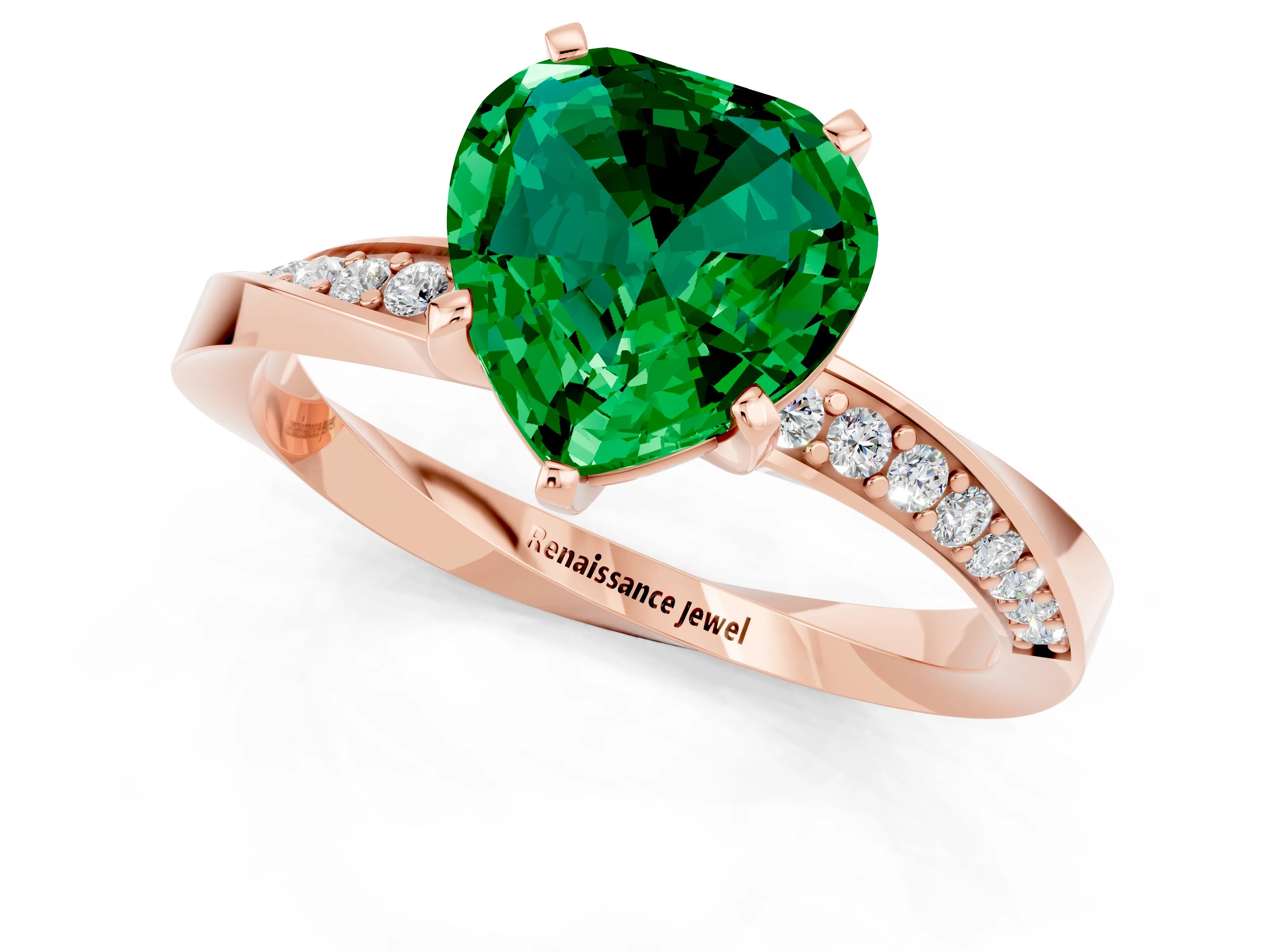 Rose gold Heart Cut Emerald Engagement Ring with Side Stone Accents and Four-Prong Setting_37