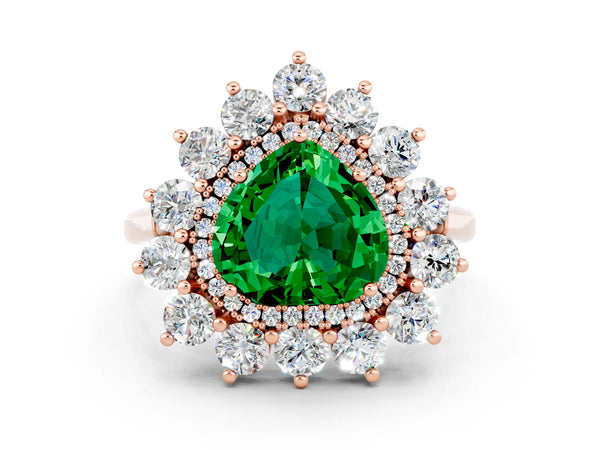 Rose gold Heart Cut Emerald Floral Double Halo Engagement Ring with Prong Setting