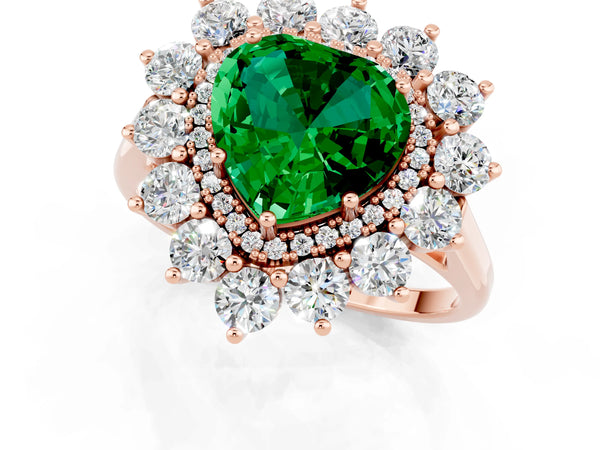 Rose gold Heart Cut Emerald Floral Double Halo Engagement Ring with Prong Setting