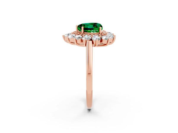 Rose gold Heart Cut Emerald Floral Double Halo Engagement Ring with Prong Setting