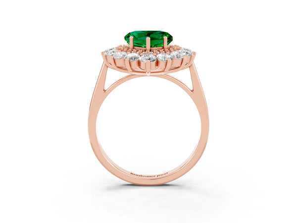 Rose gold Heart Cut Emerald Floral Double Halo Engagement Ring with Prong Setting