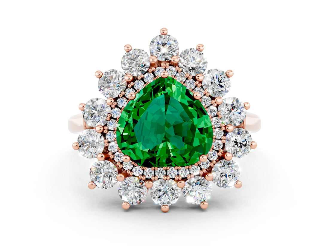 Rose gold Heart Cut Emerald Floral Double Halo Engagement Ring with Prong Setting_84