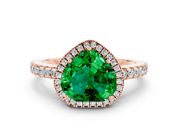 Rose gold Heart Cut Emerald Halo Engagement Ring with Pavé Band and Prong Setting