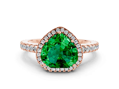 Rose gold Heart Cut Emerald Halo Engagement Ring with Pavé Band and Prong Setting_24