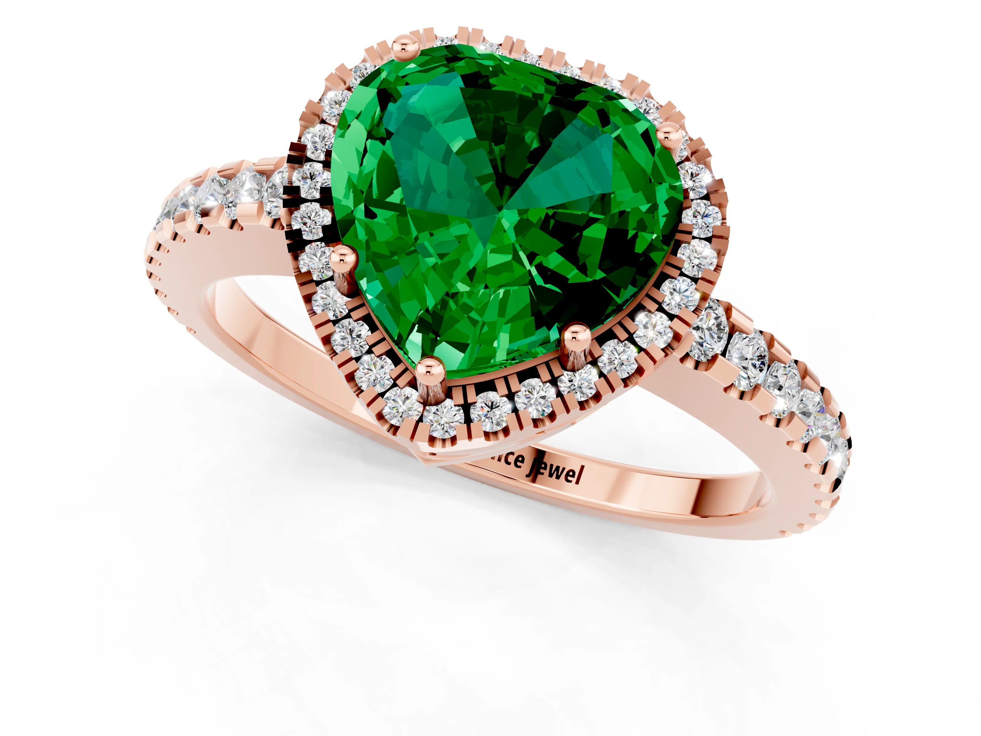 Rose gold Heart Cut Emerald Halo Engagement Ring with Pavé Band and Prong Setting_25