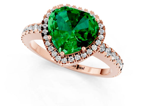 Rose gold Heart Cut Emerald Halo Engagement Ring with Pavé Band and Prong Setting_25
