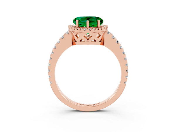 Rose gold Heart Cut Emerald Halo Engagement Ring with Pavé Band and Prong Setting