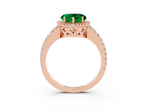 Rose gold Heart Cut Emerald Halo Engagement Ring with Pavé Band and Prong Setting_27
