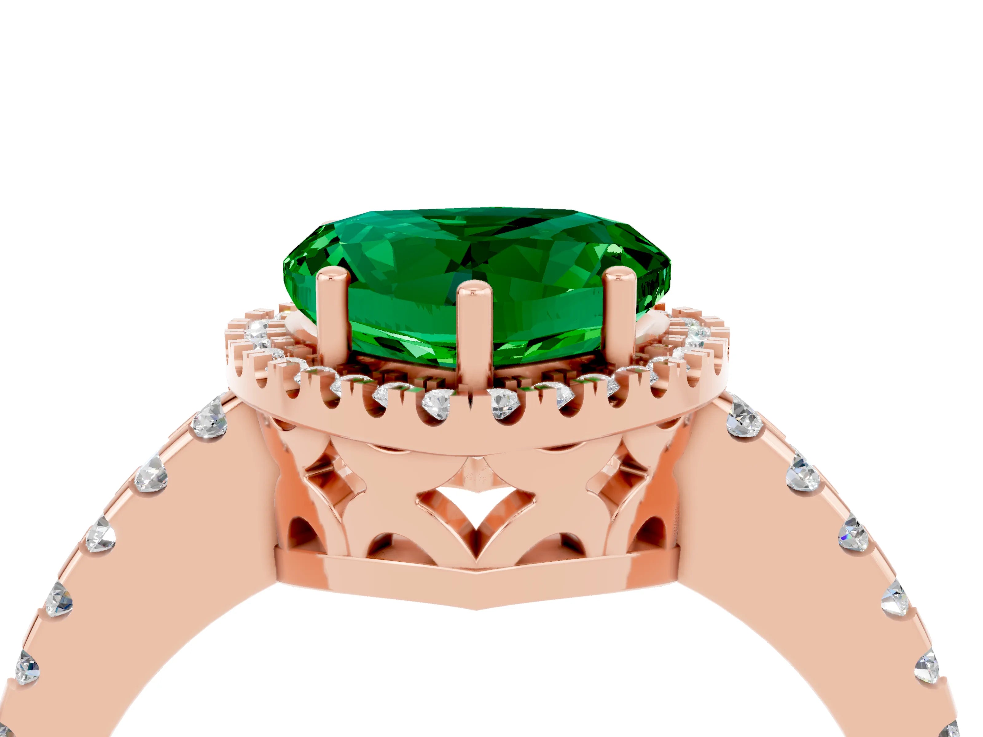 Rose gold Heart Cut Emerald Halo Engagement Ring with Pavé Band and Prong Setting_28