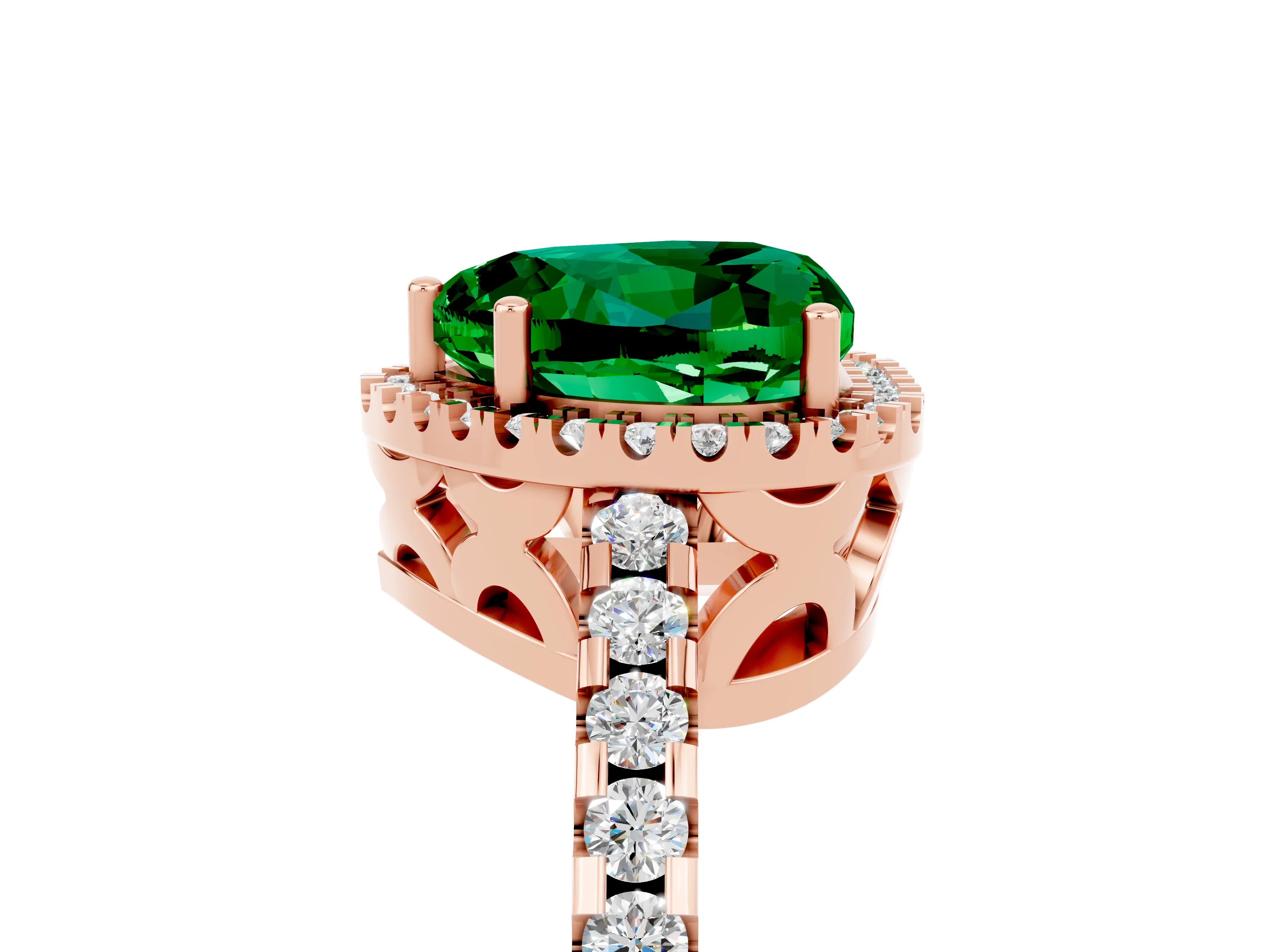 Rose gold Heart Cut Emerald Halo Engagement Ring with Pavé Band and Prong Setting_29