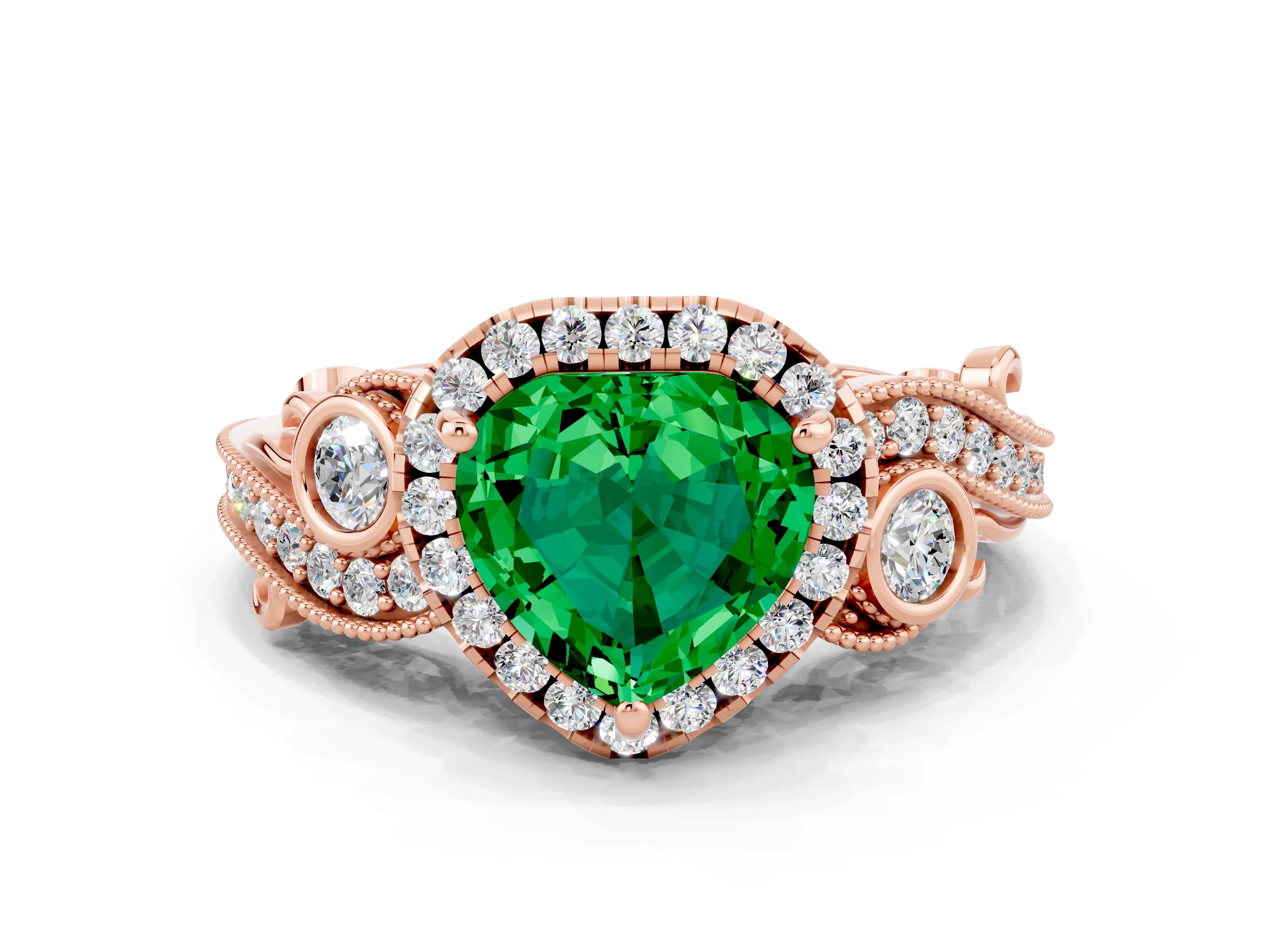 Rose gold Heart Cut Emerald Halo Ring with Milgrain Pavé Band and Four-Prong Setting_12