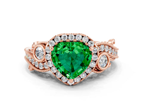 Rose gold Heart Cut Emerald Halo Ring with Milgrain Pavé Band and Four-Prong Setting_12