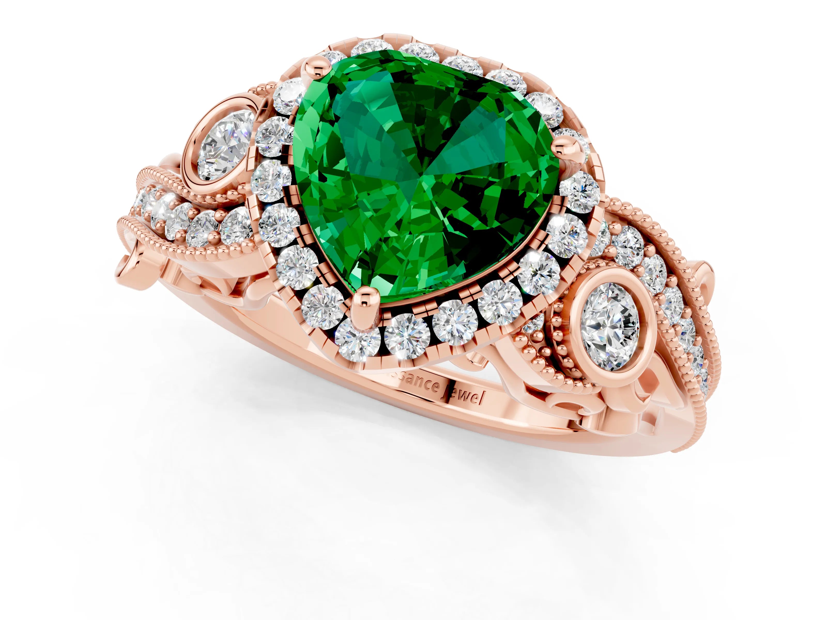 Rose gold Heart Cut Emerald Halo Ring with Milgrain Pavé Band and Four-Prong Setting_13
