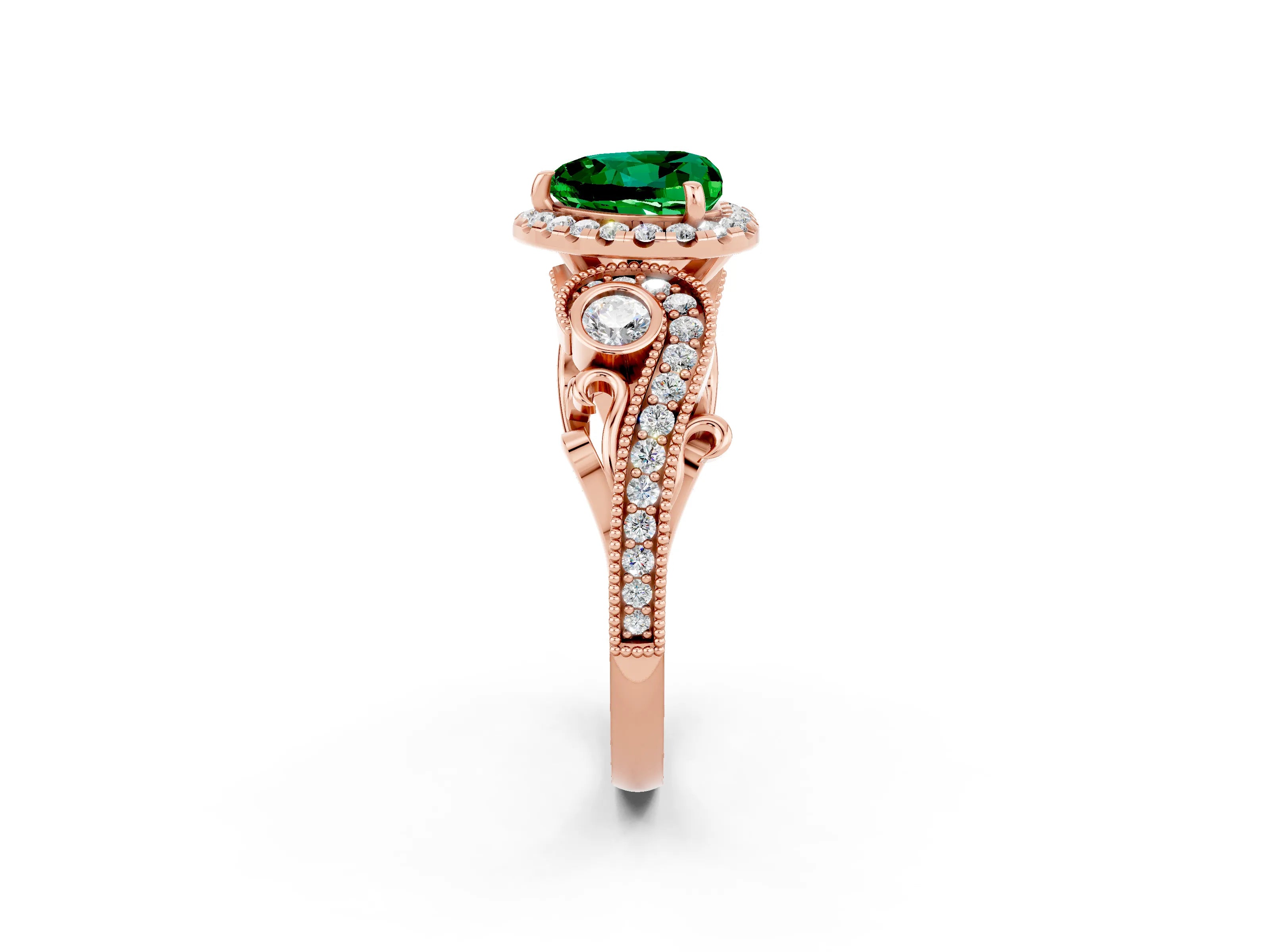 Rose gold Heart Cut Emerald Halo Ring with Milgrain Pavé Band and Four-Prong Setting_14
