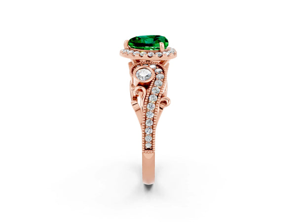 Rose gold Heart Cut Emerald Halo Ring with Milgrain Pavé Band and Four-Prong Setting
