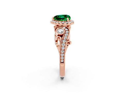 Rose gold Heart Cut Emerald Halo Ring with Milgrain Pavé Band and Four-Prong Setting_14