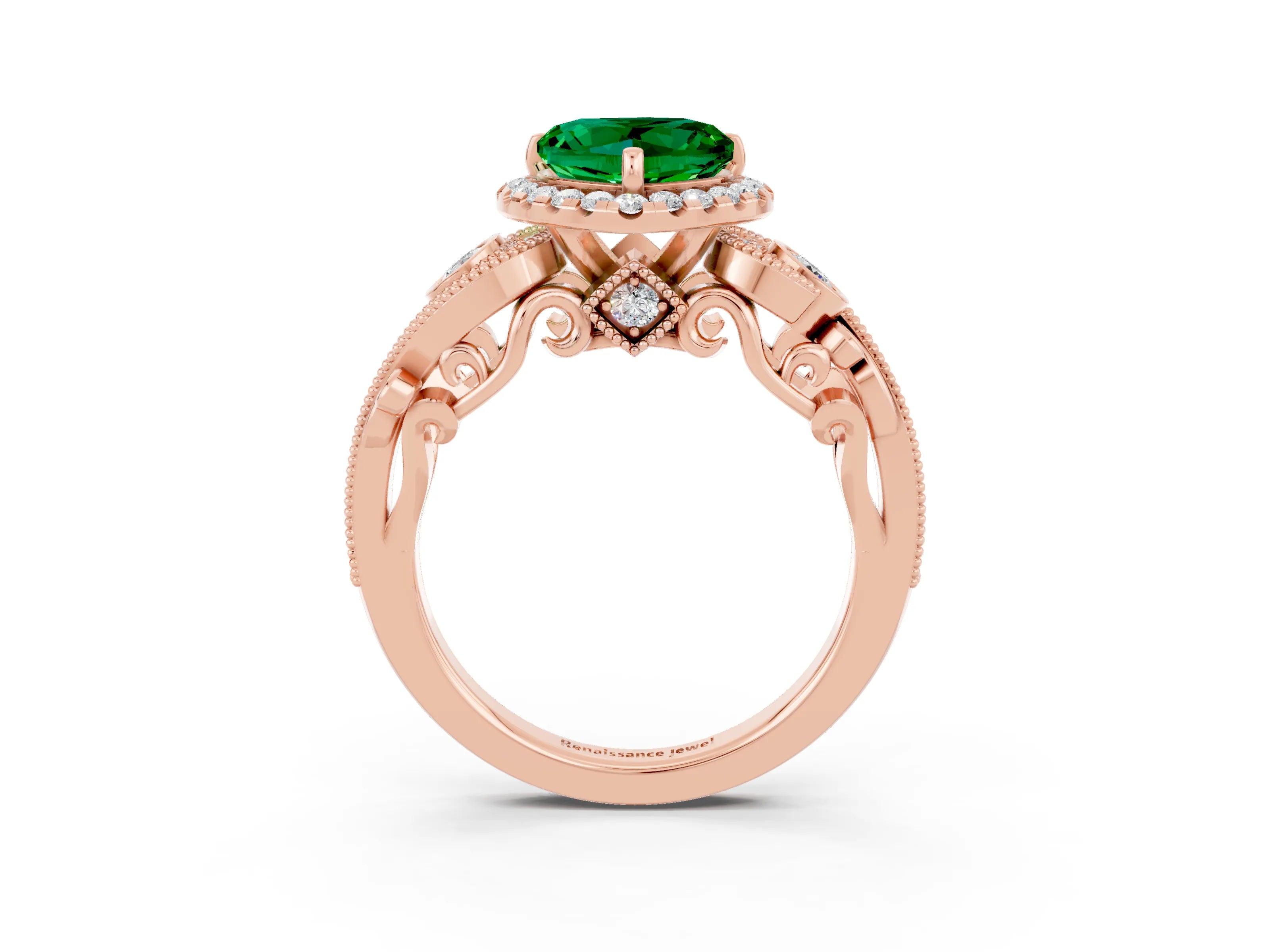 Rose gold Heart Cut Emerald Halo Ring with Milgrain Pavé Band and Four-Prong Setting_15
