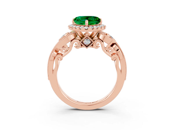 Rose gold Heart Cut Emerald Halo Ring with Milgrain Pavé Band and Four-Prong Setting