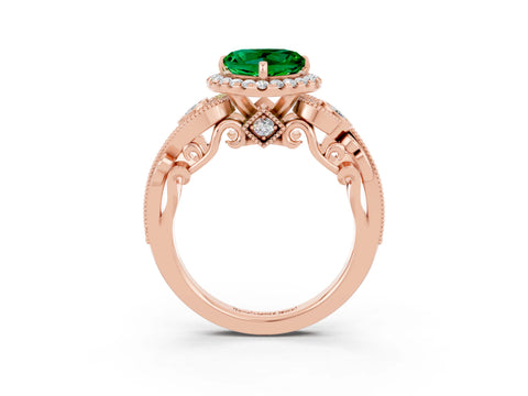 Rose gold Heart Cut Emerald Halo Ring with Milgrain Pavé Band and Four-Prong Setting_15