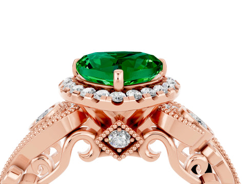 Rose gold Heart Cut Emerald Halo Ring with Milgrain Pavé Band and Four-Prong Setting_16