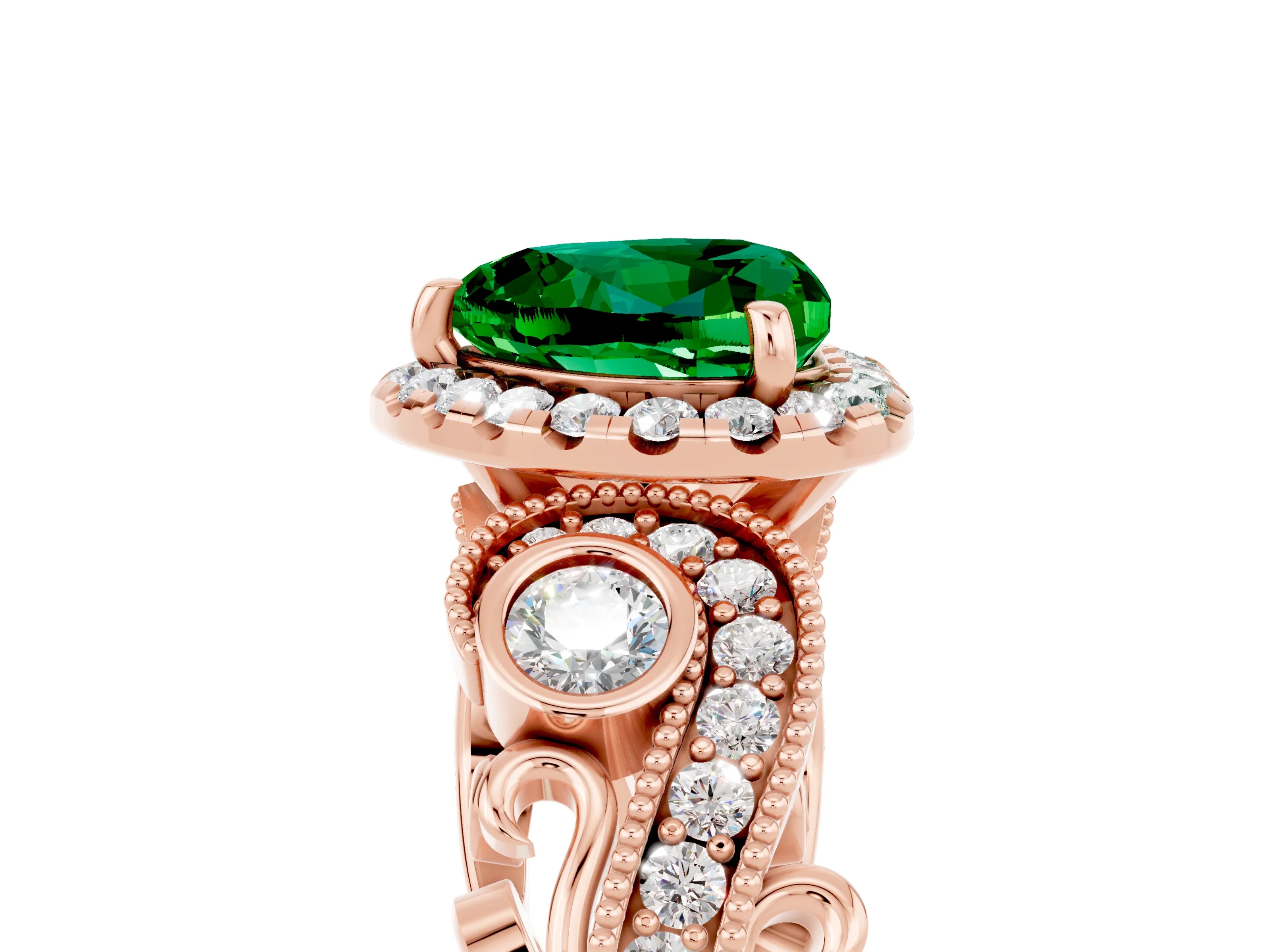 Rose gold Heart Cut Emerald Halo Ring with Milgrain Pavé Band and Four-Prong Setting_17
