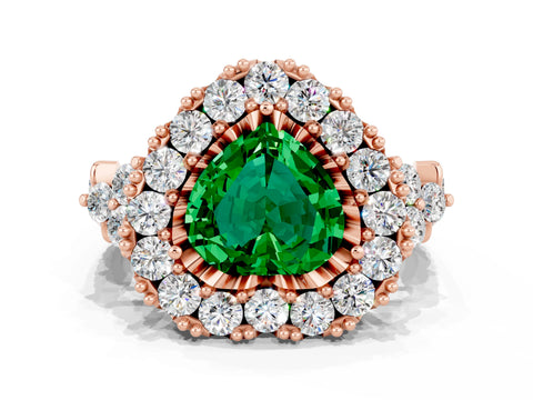 Rose gold Heart Cut Emerald Halo Ring with Pavé Band and Four-Prong Setting_12