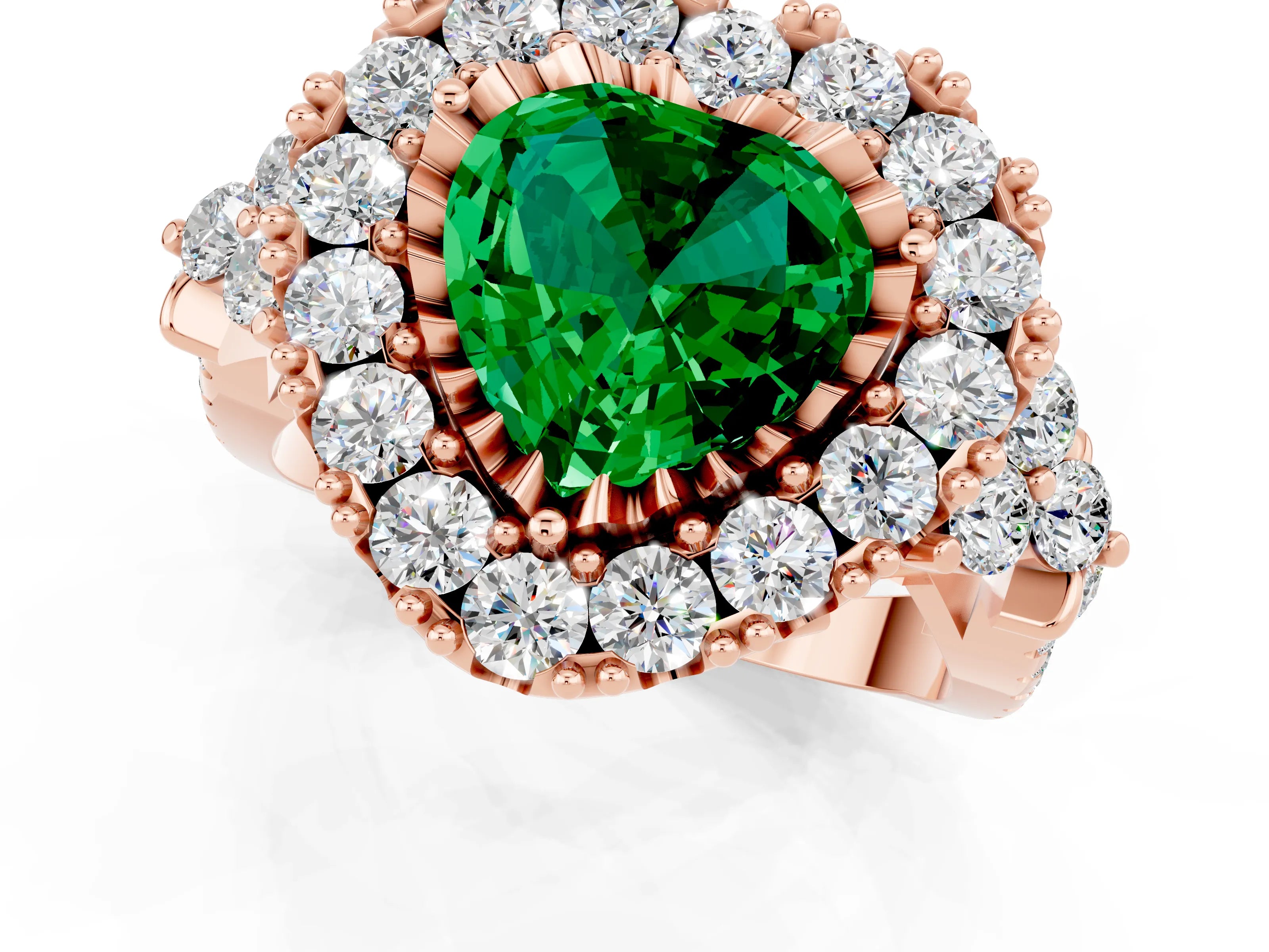 Rose gold Heart Cut Emerald Halo Ring with Pavé Band and Four-Prong Setting_13
