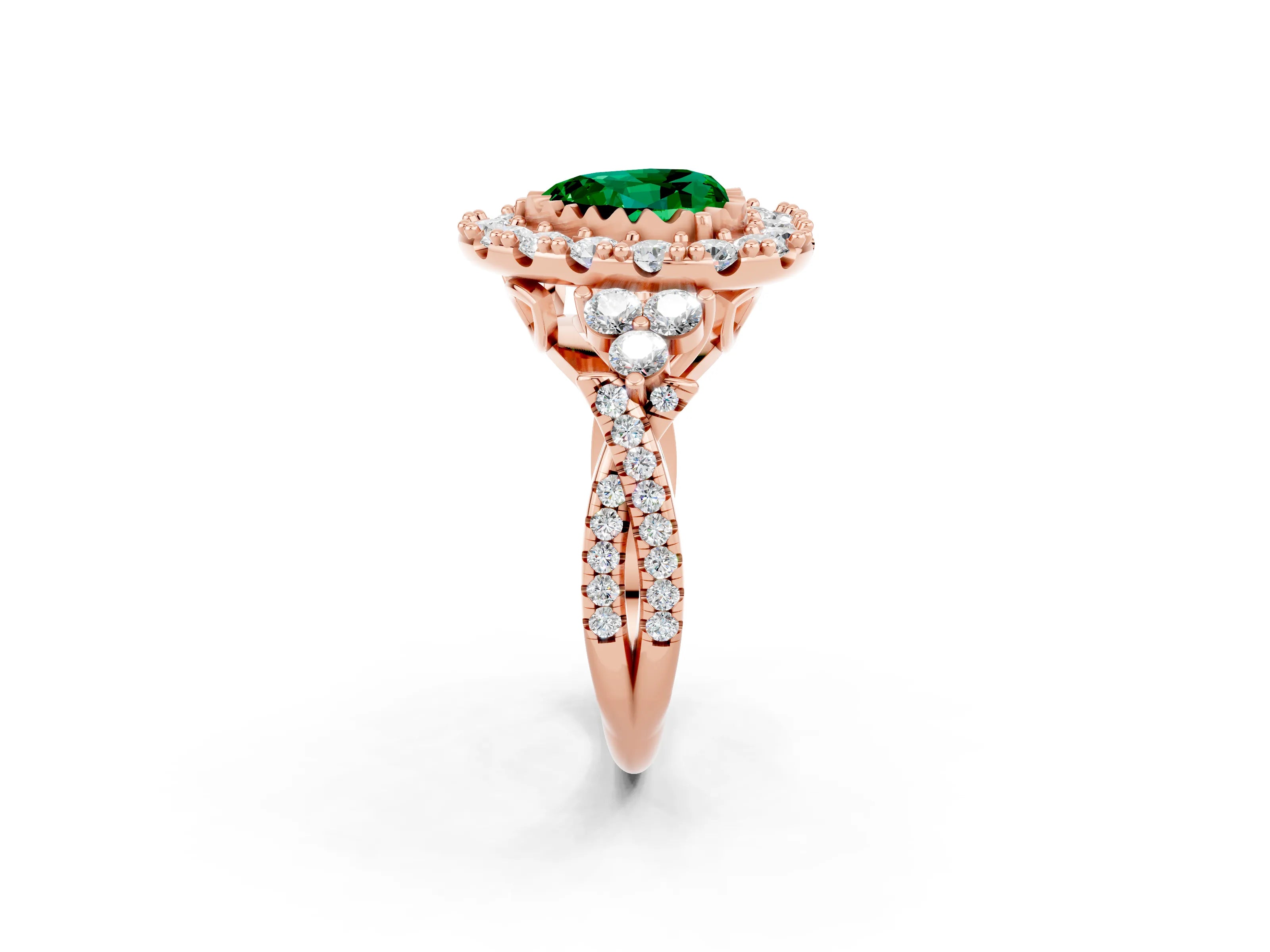 Rose gold Heart Cut Emerald Halo Ring with Pavé Band and Four-Prong Setting_14