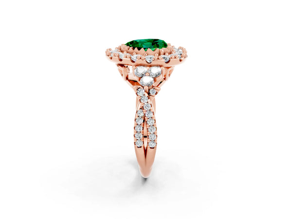 Rose gold Heart Cut Emerald Halo Ring with Pavé Band and Four-Prong Setting