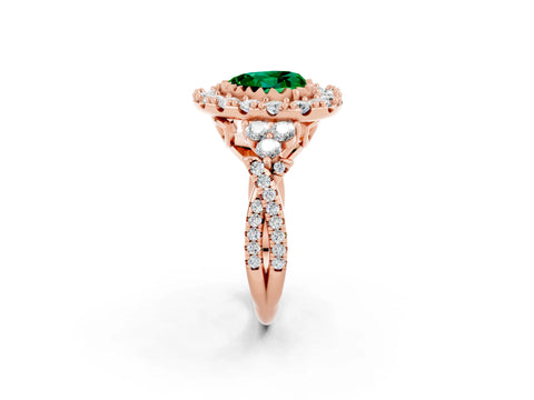 Rose gold Heart Cut Emerald Halo Ring with Pavé Band and Four-Prong Setting_14