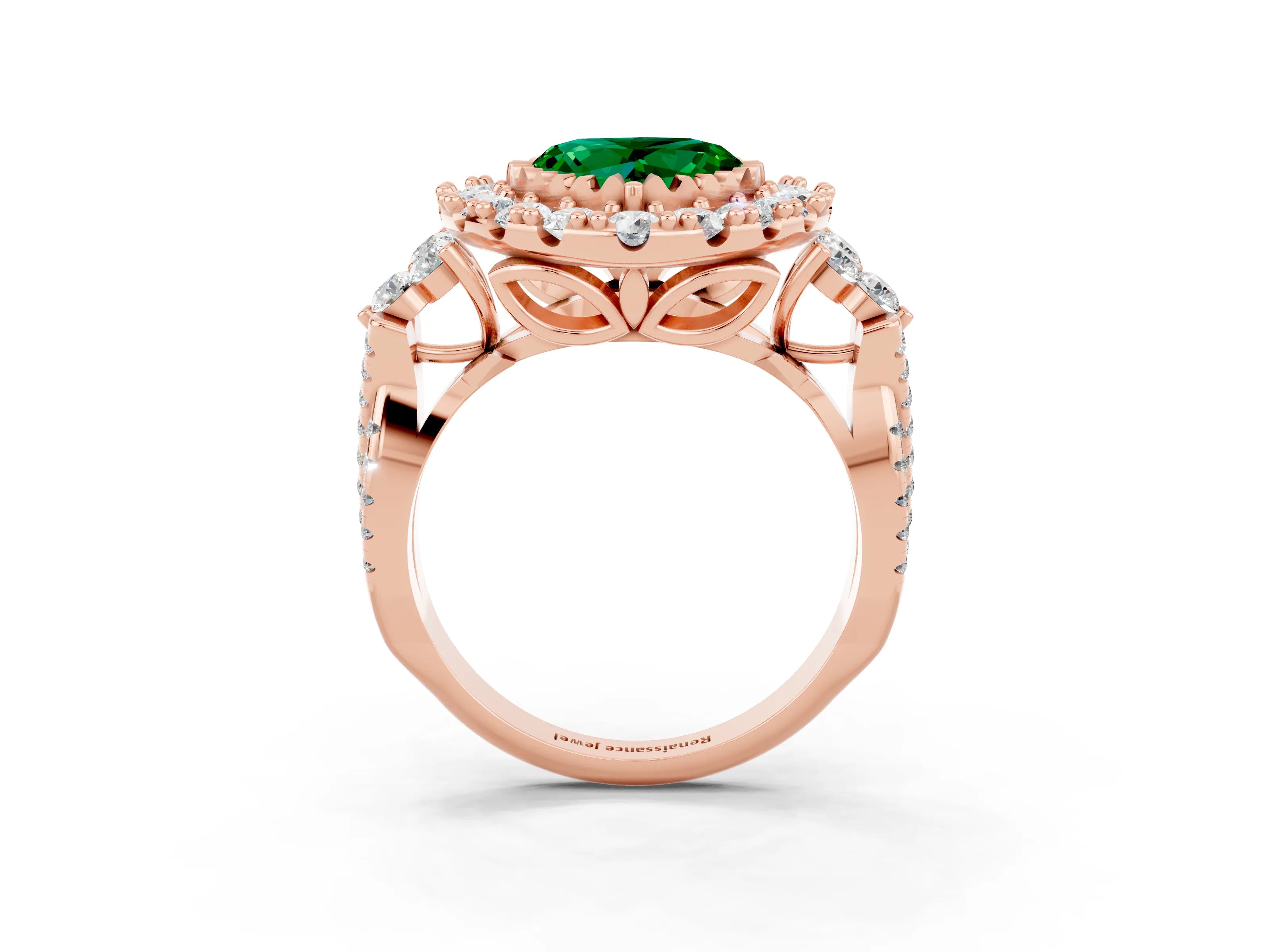 Rose gold Heart Cut Emerald Halo Ring with Pavé Band and Four-Prong Setting_15