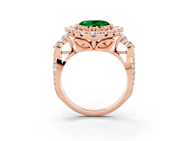 Rose gold Heart Cut Emerald Halo Ring with Pavé Band and Four-Prong Setting
