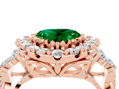 Rose gold Heart Cut Emerald Halo Ring with Pavé Band and Four-Prong Setting_16