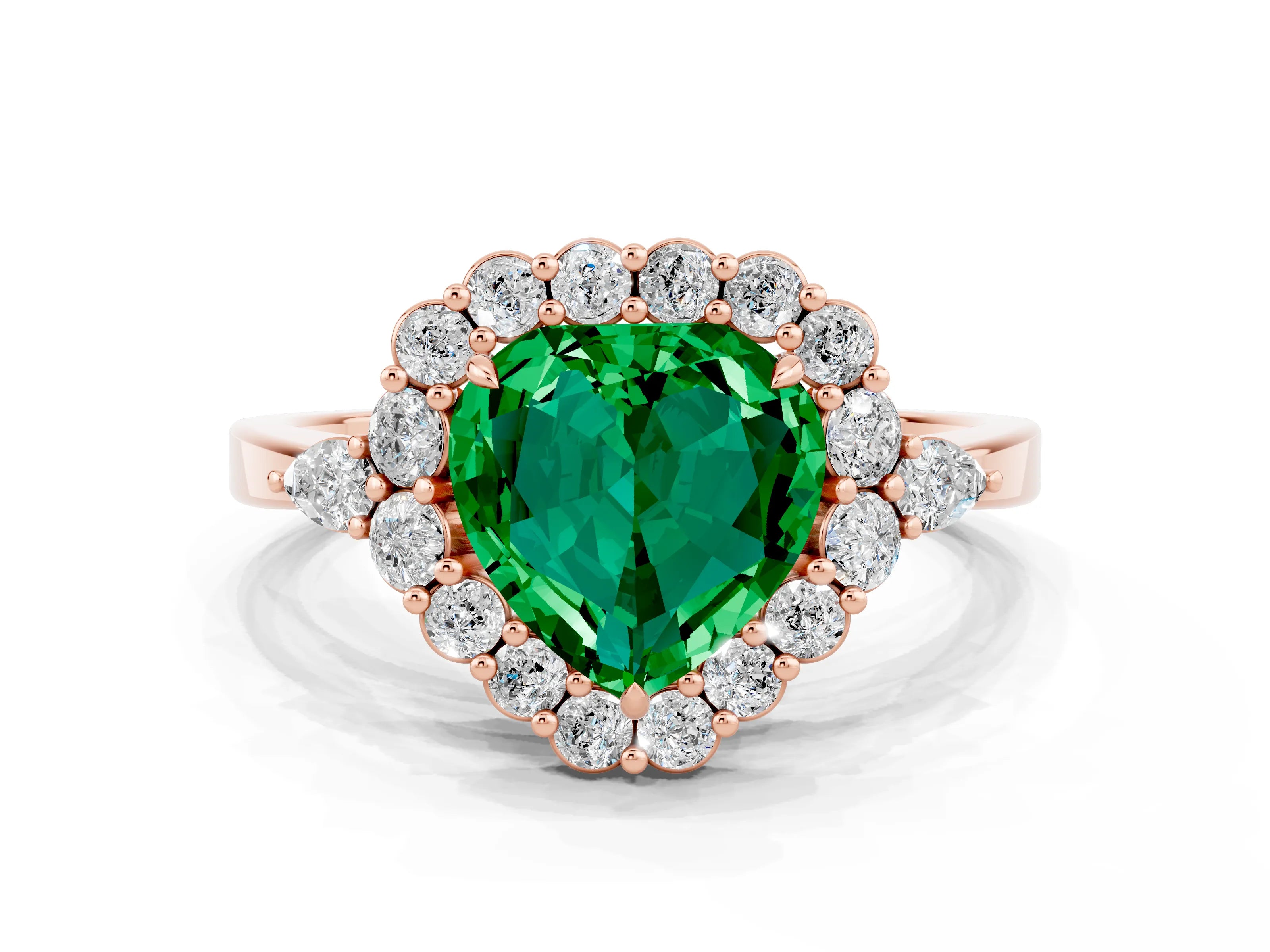 Rose gold Heart Cut Emerald Halo Ring with Pear Side Stones and Prong Setting_12