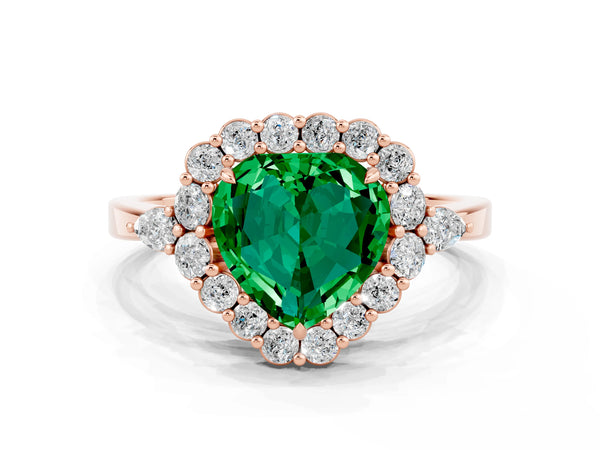 Rose gold Heart Cut Emerald Halo Ring with Pear Side Stones and Prong Setting