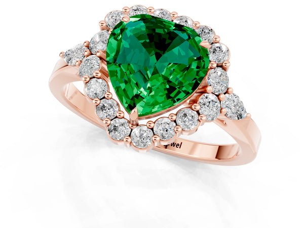 Rose gold Heart Cut Emerald Halo Ring with Pear Side Stones and Prong Setting