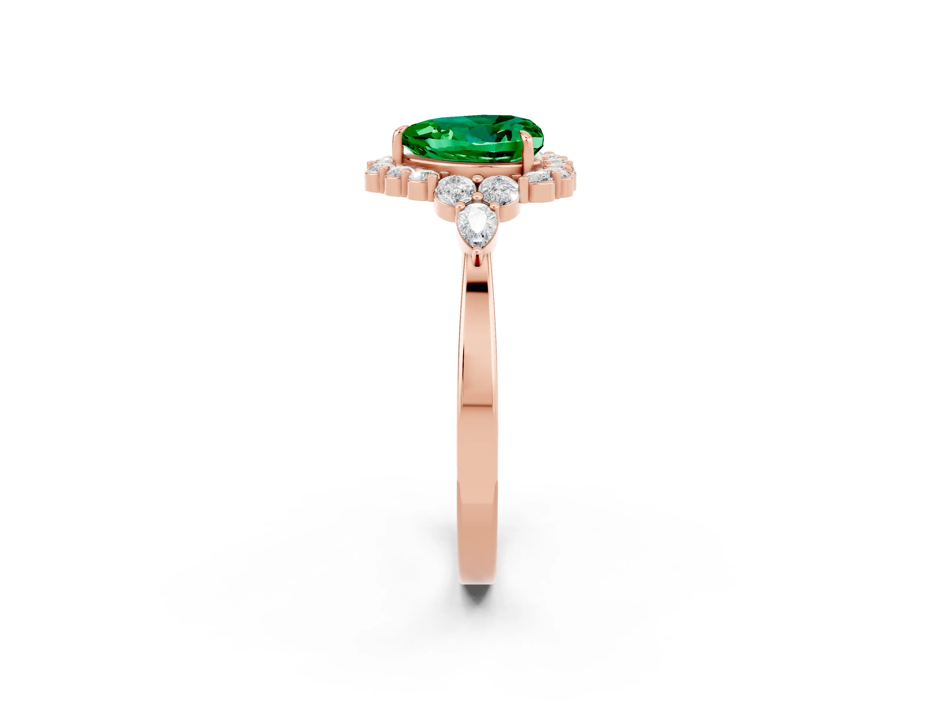 Rose gold Heart Cut Emerald Halo Ring with Pear Side Stones and Prong Setting_14