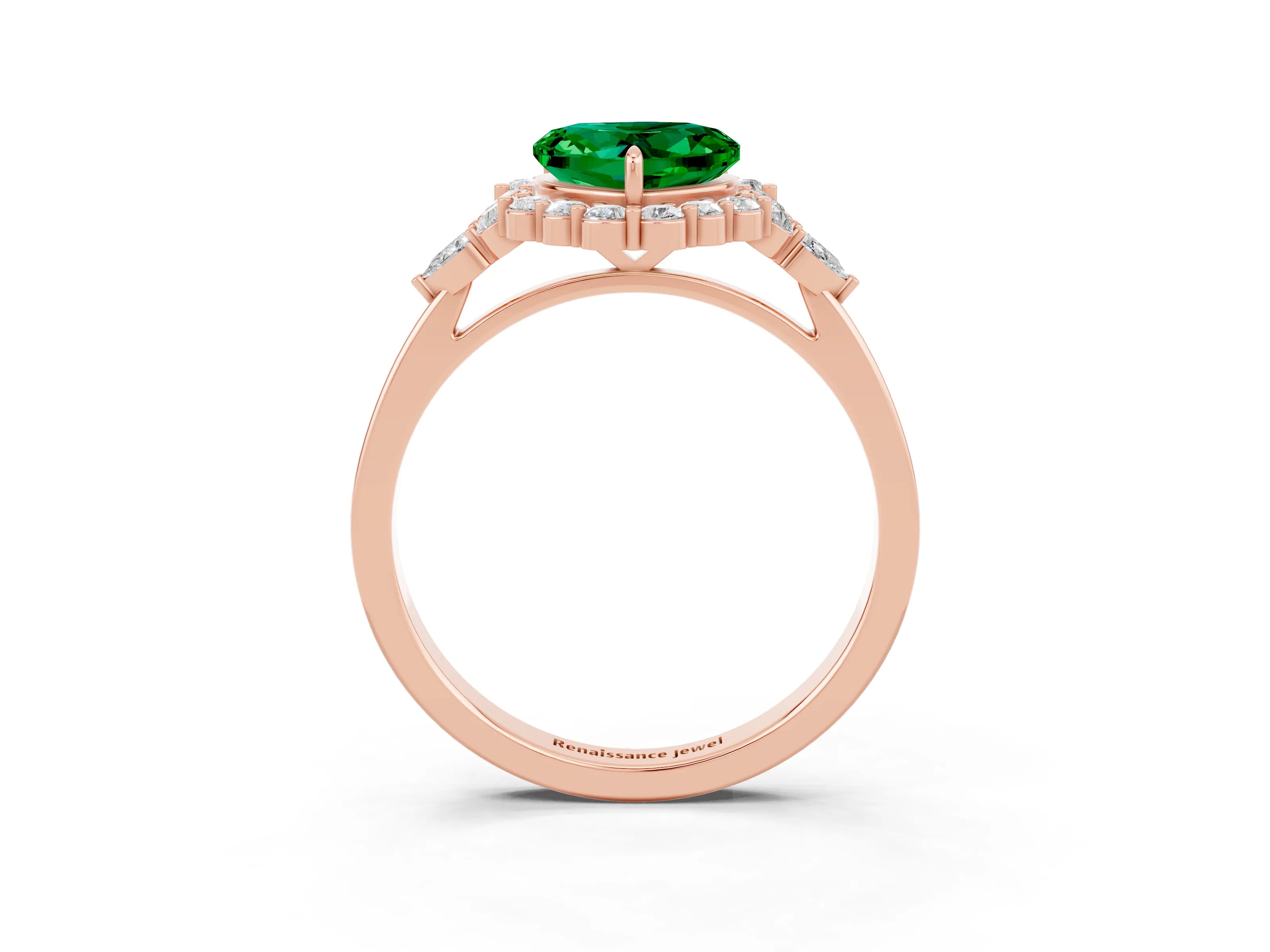 Rose gold Heart Cut Emerald Halo Ring with Pear Side Stones and Prong Setting_15